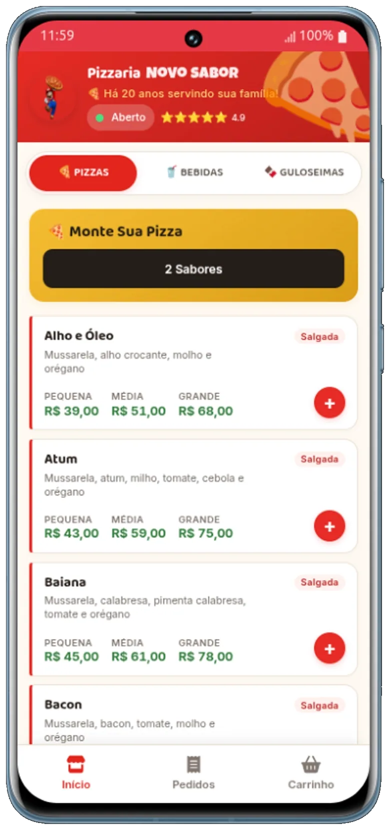 Pizzaria Novo Sabor: cardápio digital que o cliente acessa pelo celular